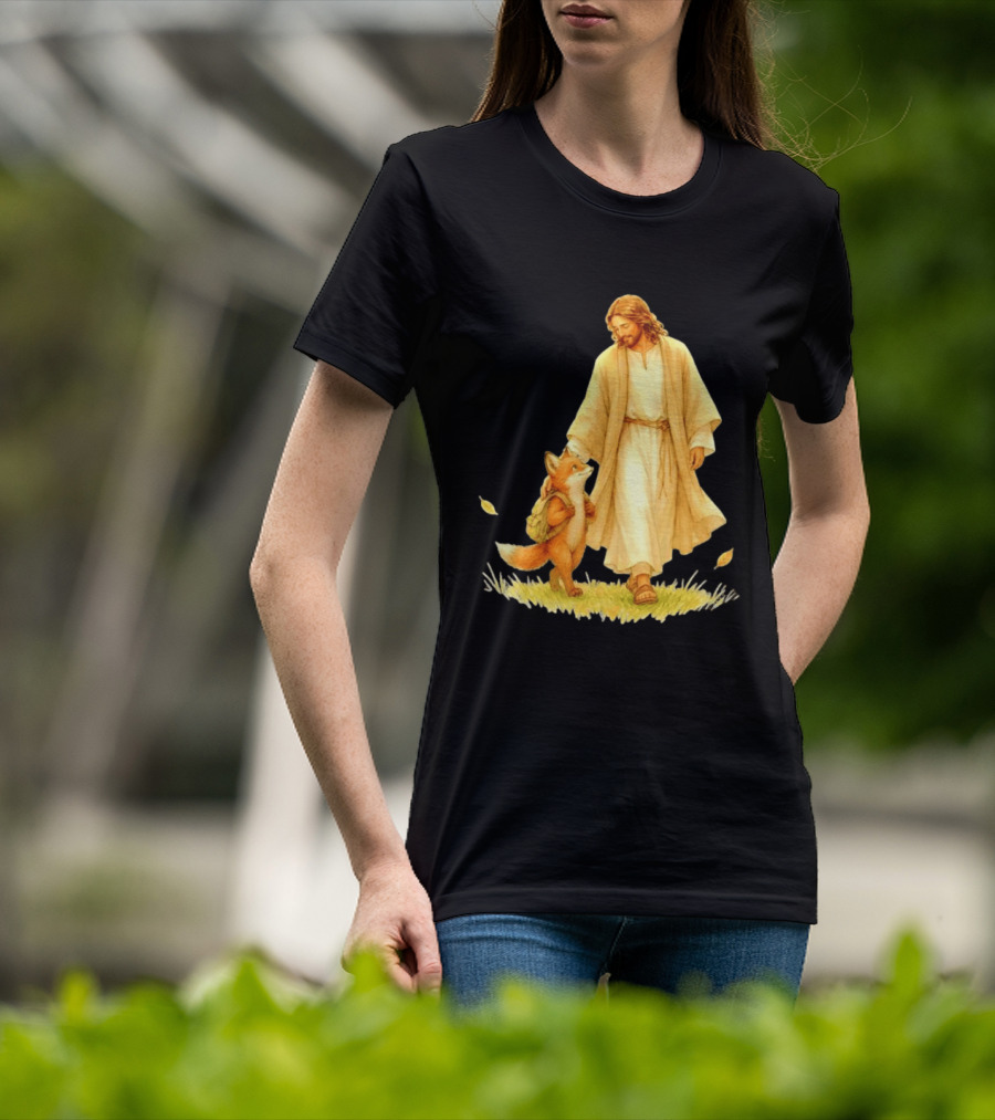 Jesus Christ And Fox Companion With Backpack In Nature Scene T-Shirt