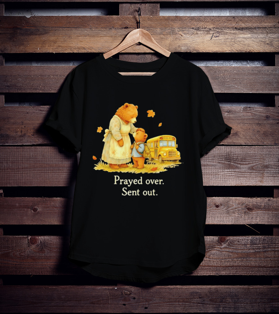 Mama Bear And Cub School Bus Prayed Over Sent Out Back To School Autumn Scene T-Shirt