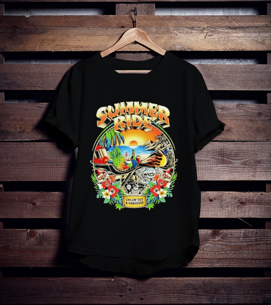 Summer Ride Chillin' Out Hangover Motorcycle Beach Sunset Tropical Fruits Floral T-Shirt