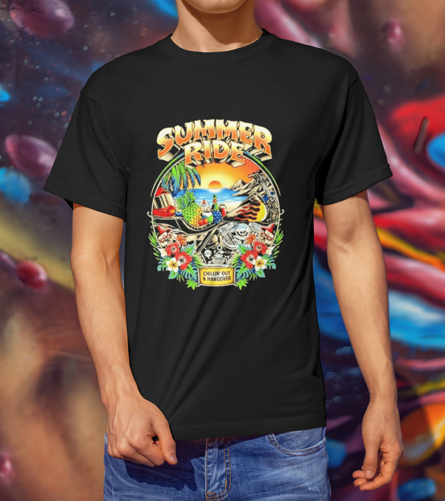 Summer Ride Chillin' Out Hangover Motorcycle Beach Sunset Tropical Fruits Floral T-Shirt