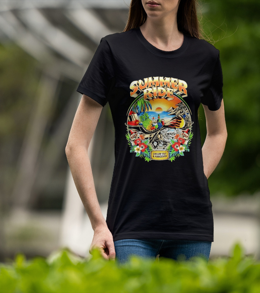 Summer Ride Chillin' Out Hangover Motorcycle Beach Sunset Tropical Fruits Floral T-Shirt