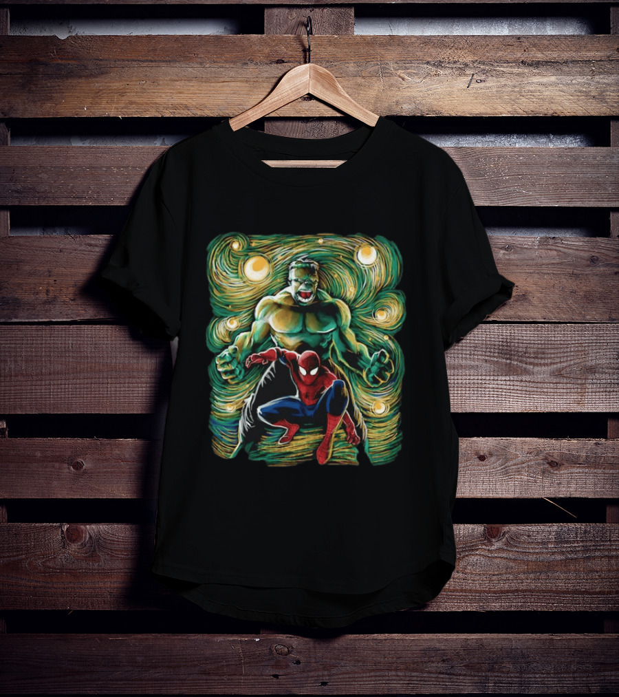 Hulk And Spider Man Marvel Comics Starry Night Sky Superhero Collaboration T-Shirt