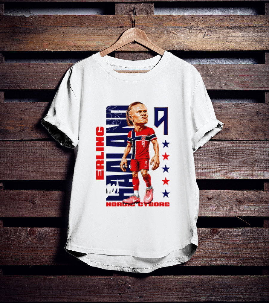 Erling Haaland No 9 Nordic Cyborg Stars And Stripes Caricature T-Shirt