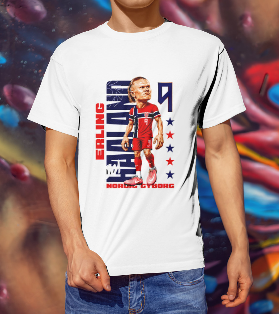 Erling Haaland No 9 Nordic Cyborg Stars And Stripes Caricature T-Shirt