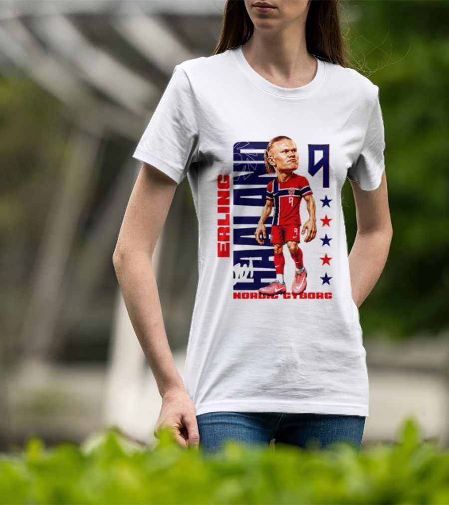 Erling Haaland No 9 Nordic Cyborg Stars And Stripes Caricature T-Shirt