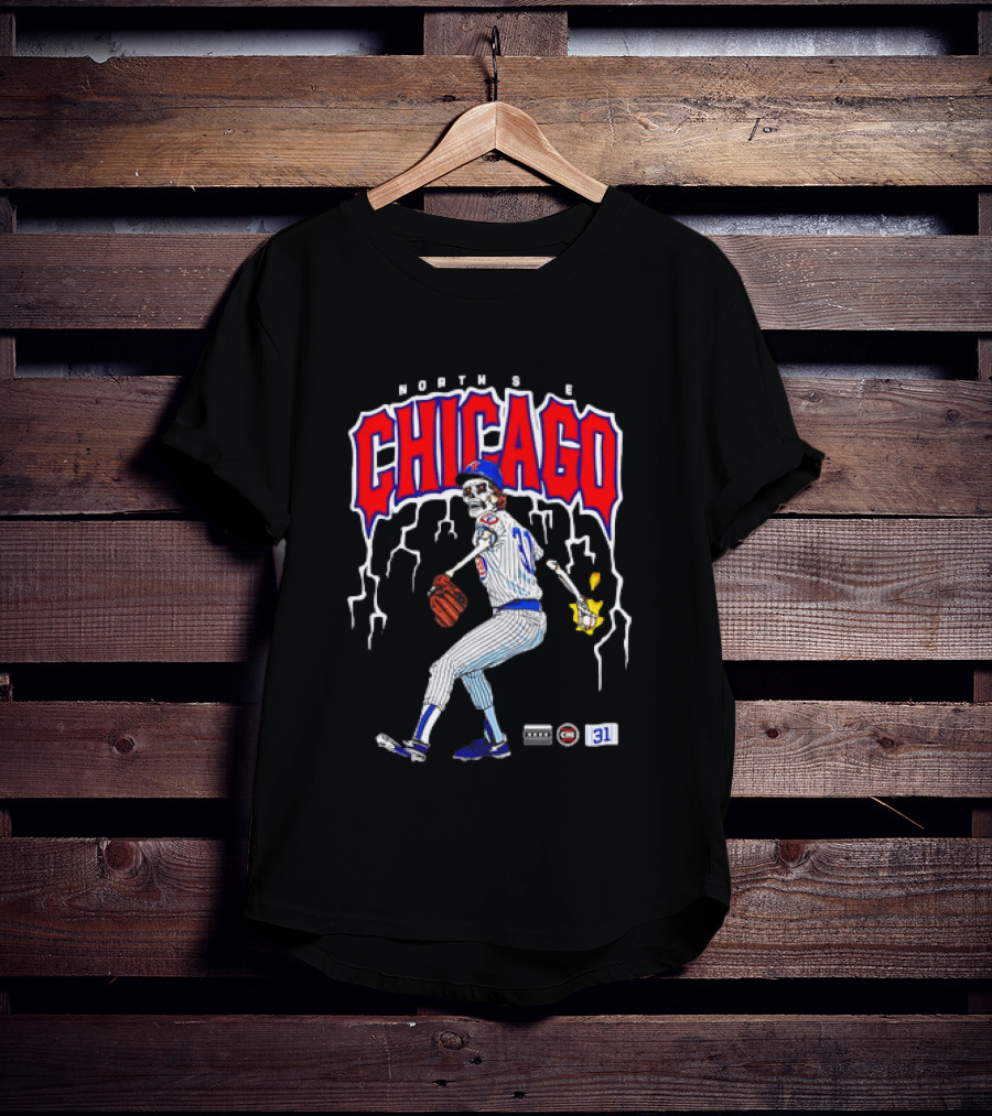 North Side Chicago Skeleton Pitcher CHI 31 Baseball T-Shirt
