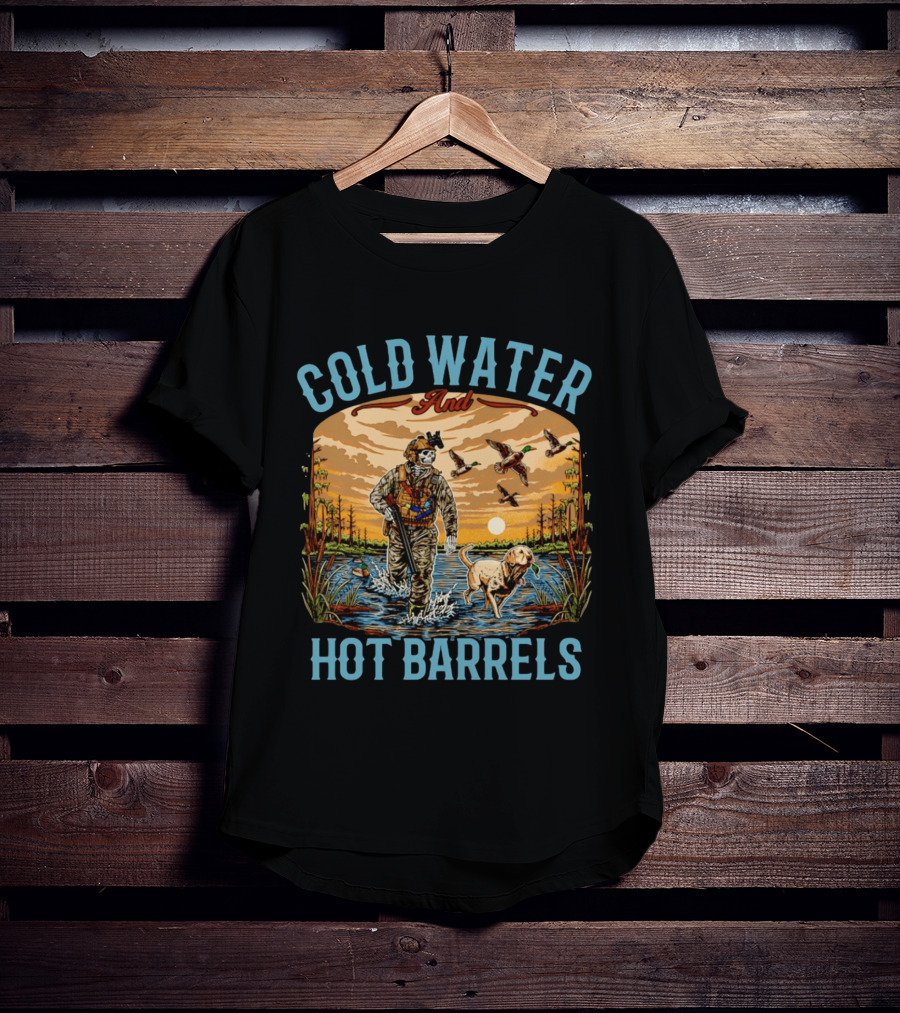 Cold Water And Hot Barrels Skeleton Hunting Ducks Scene With Dog T-Shirt