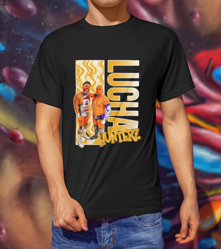 Lucha Hunterz Wrestlers Duo With Llamas And Gold Accents T-Shirt