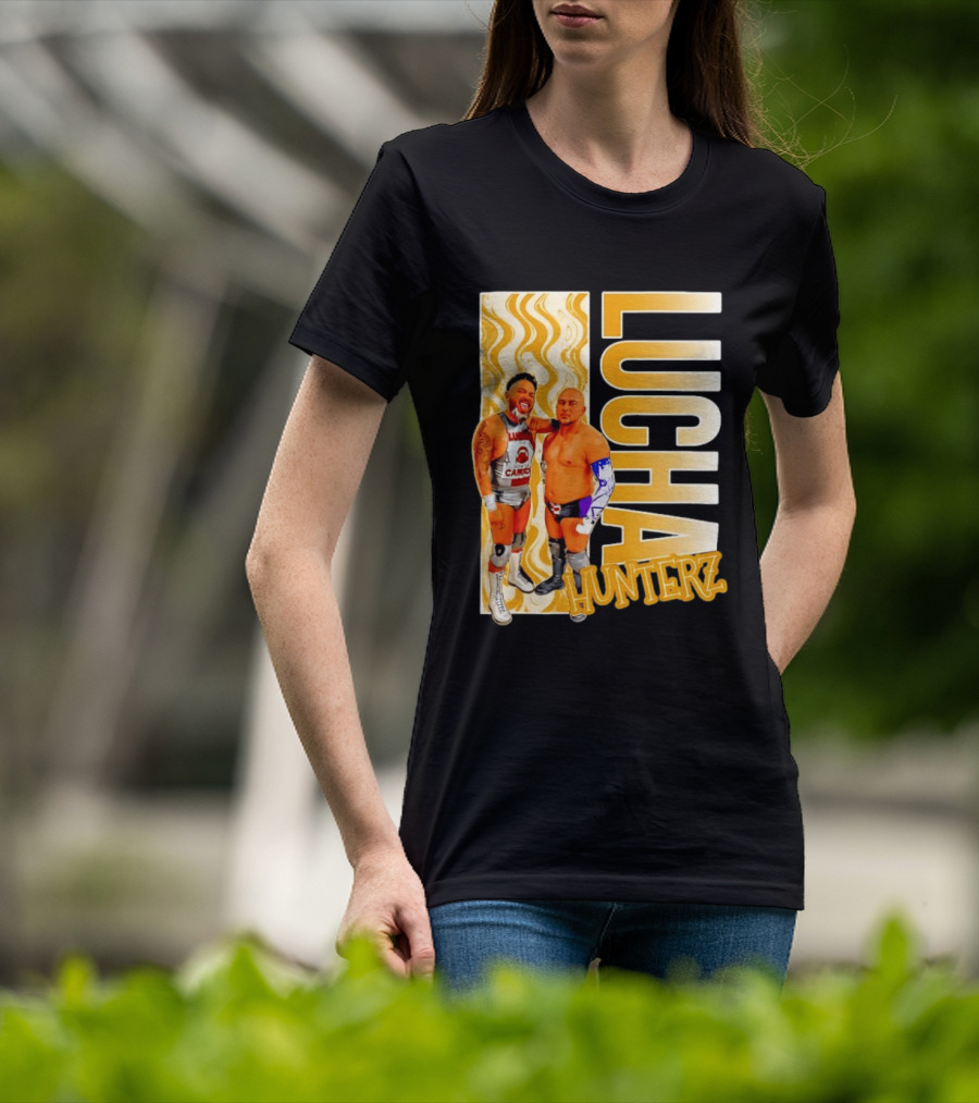Lucha Hunterz Wrestlers Duo With Llamas And Gold Accents T-Shirt