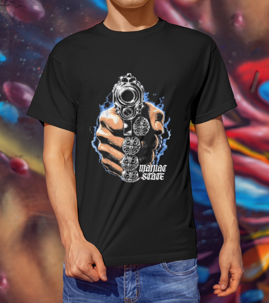 Maniac State Handgun Fist Chrome Cross Rings T-Shirt