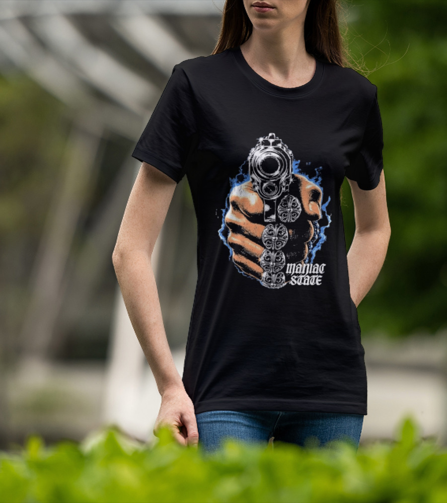 Maniac State Handgun Fist Chrome Cross Rings T-Shirt