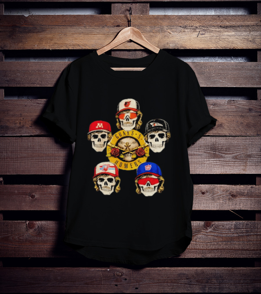 Gunns N Homers Baseball Skull Mashup With Five Caps T-Shirt
