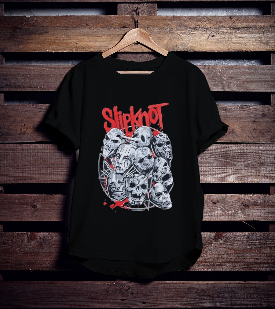 Slipknot Mask Collection With Band Name In Red T-Shirt