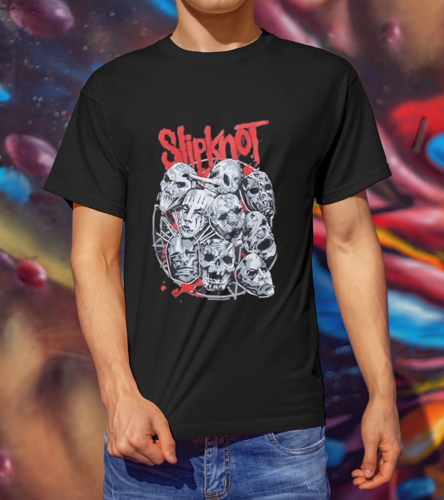 Slipknot Mask Collection With Band Name In Red T-Shirt