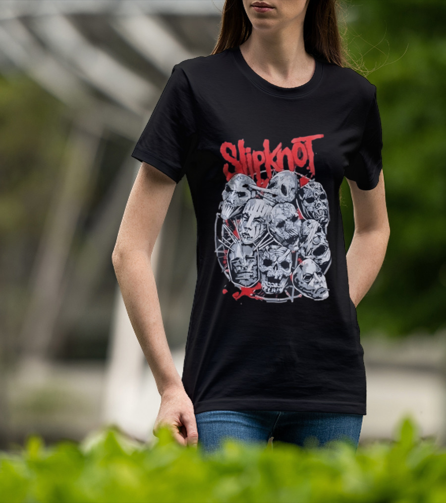 Slipknot Mask Collection With Band Name In Red T-Shirt