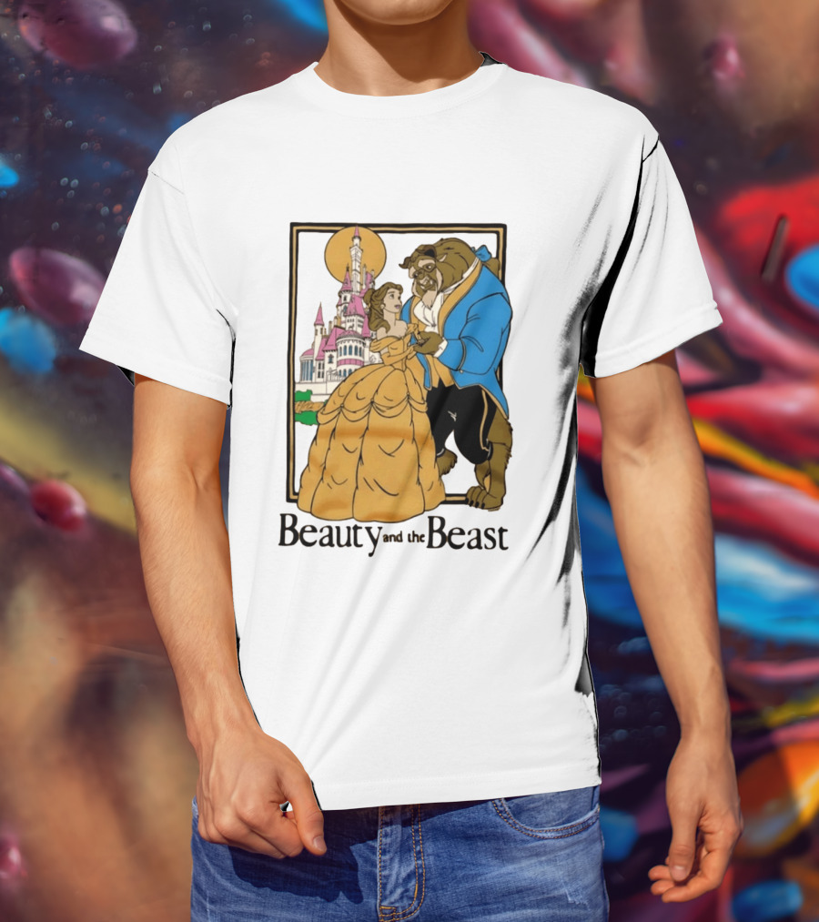 Beauty And The Beast Belle And Beast Dancing In Front Of Castle T-Shirt