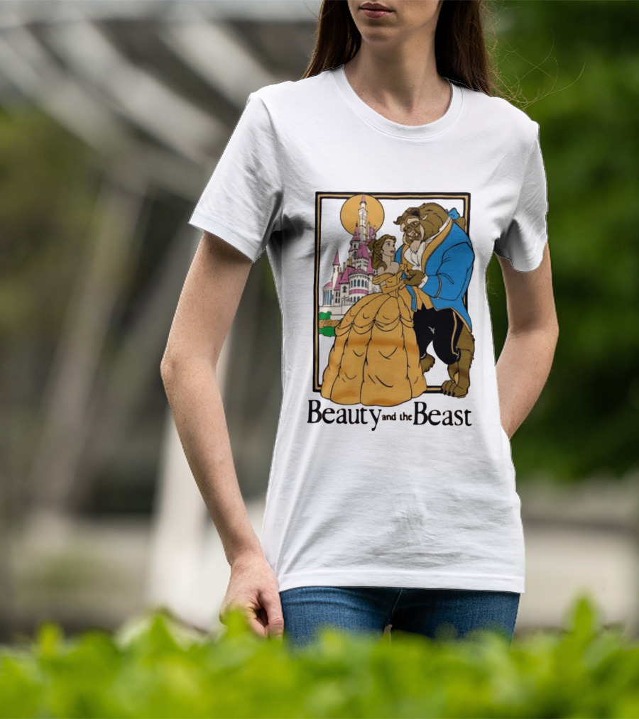 Beauty And The Beast Belle And Beast Dancing In Front Of Castle T-Shirt