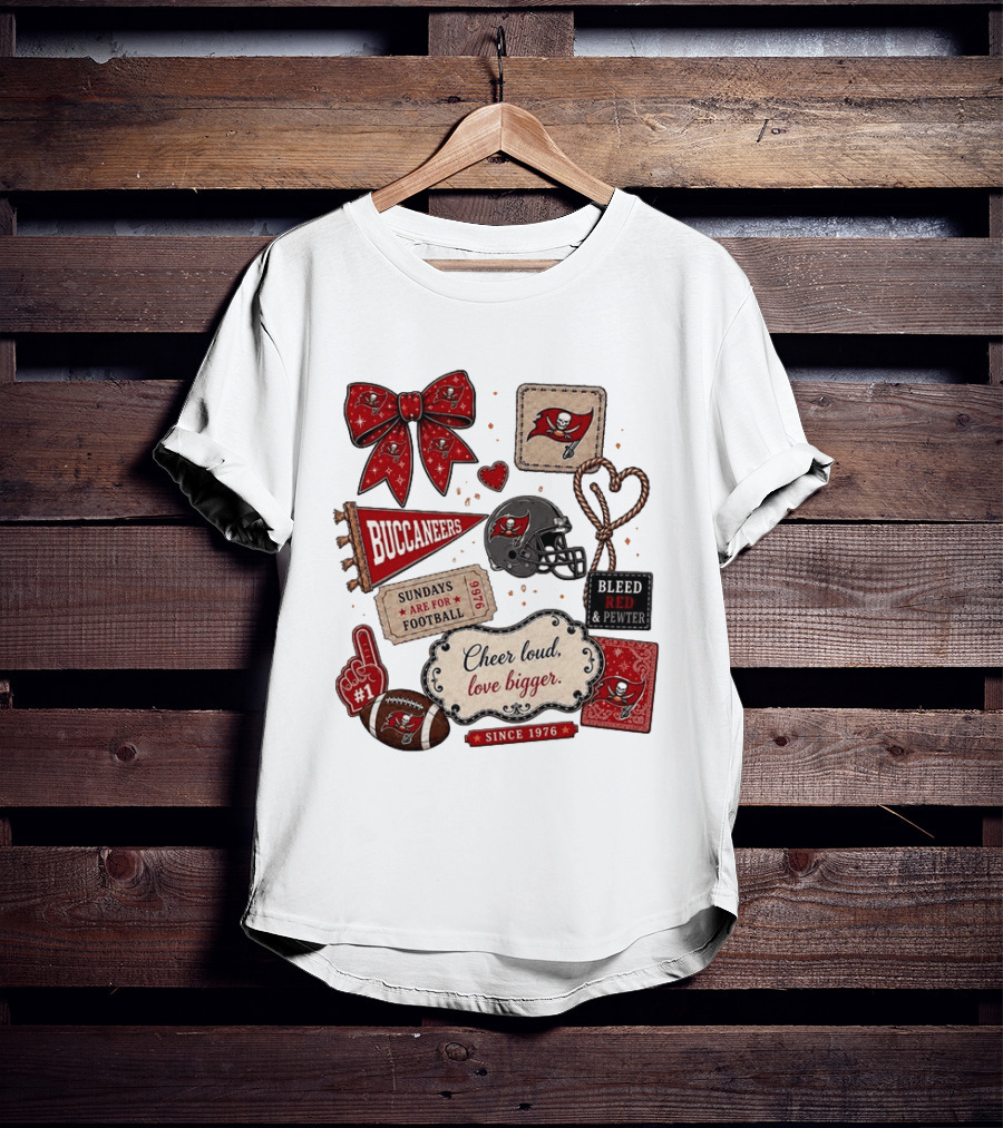 Tampa Bay Buccaneers Mom Red Floral Bow Cheer Loud Love Bigger Football Patch Collage T-Shirt
