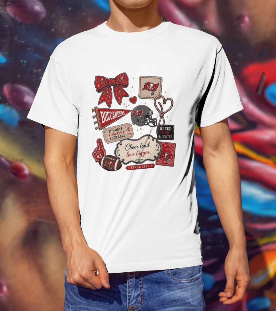 Tampa Bay Buccaneers Mom Red Floral Bow Cheer Loud Love Bigger Football Patch Collage T-Shirt