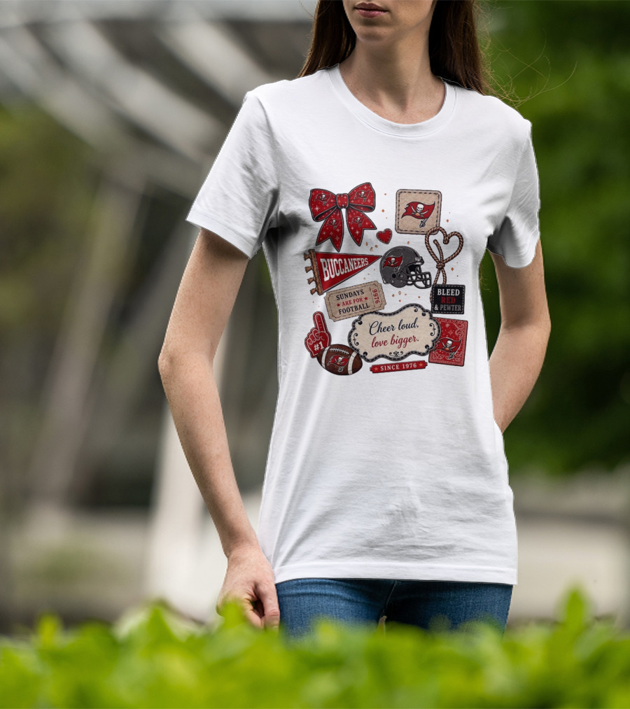 Tampa Bay Buccaneers Mom Red Floral Bow Cheer Loud Love Bigger Football Patch Collage T-Shirt