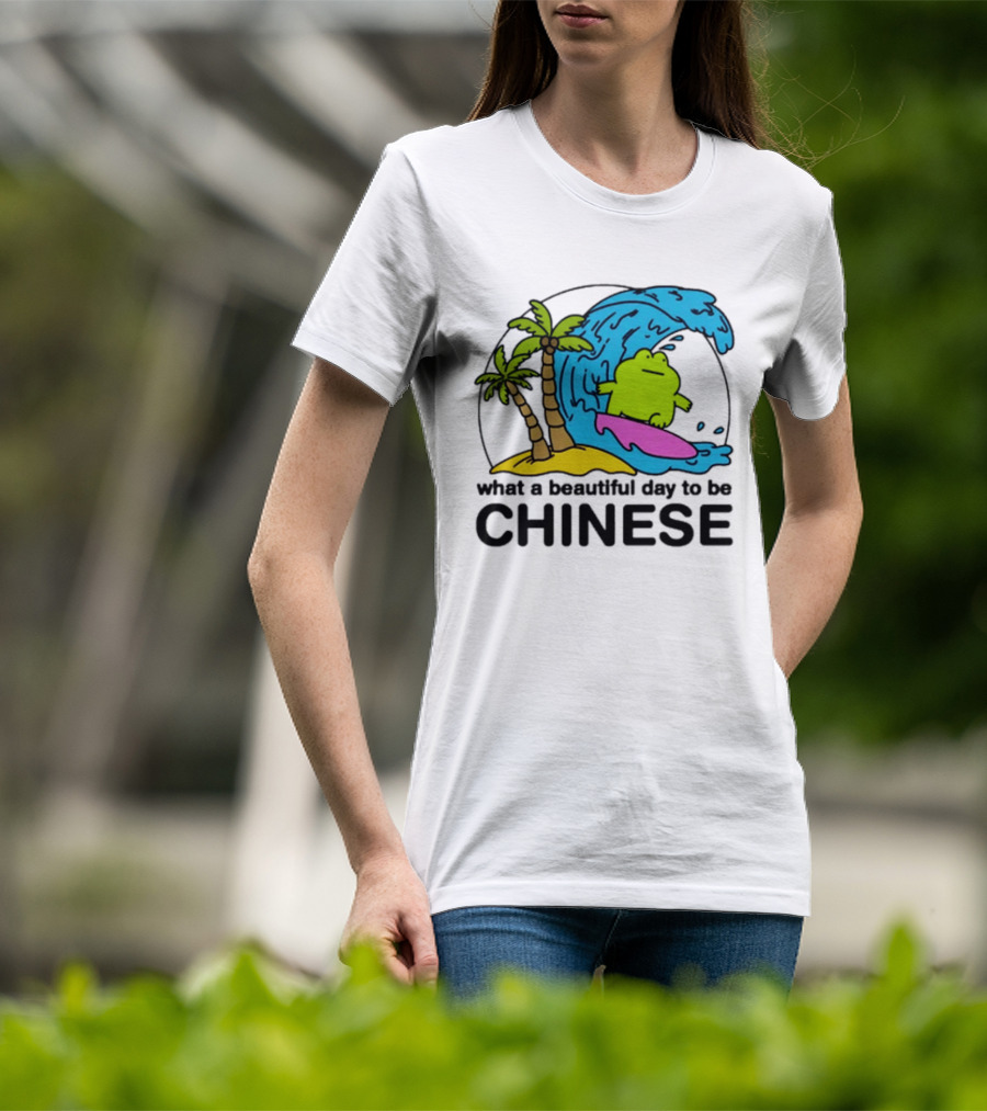 What A Beautiful Day To Be Chinese Surfing Frog With Palm Trees And Waves T-Shirt