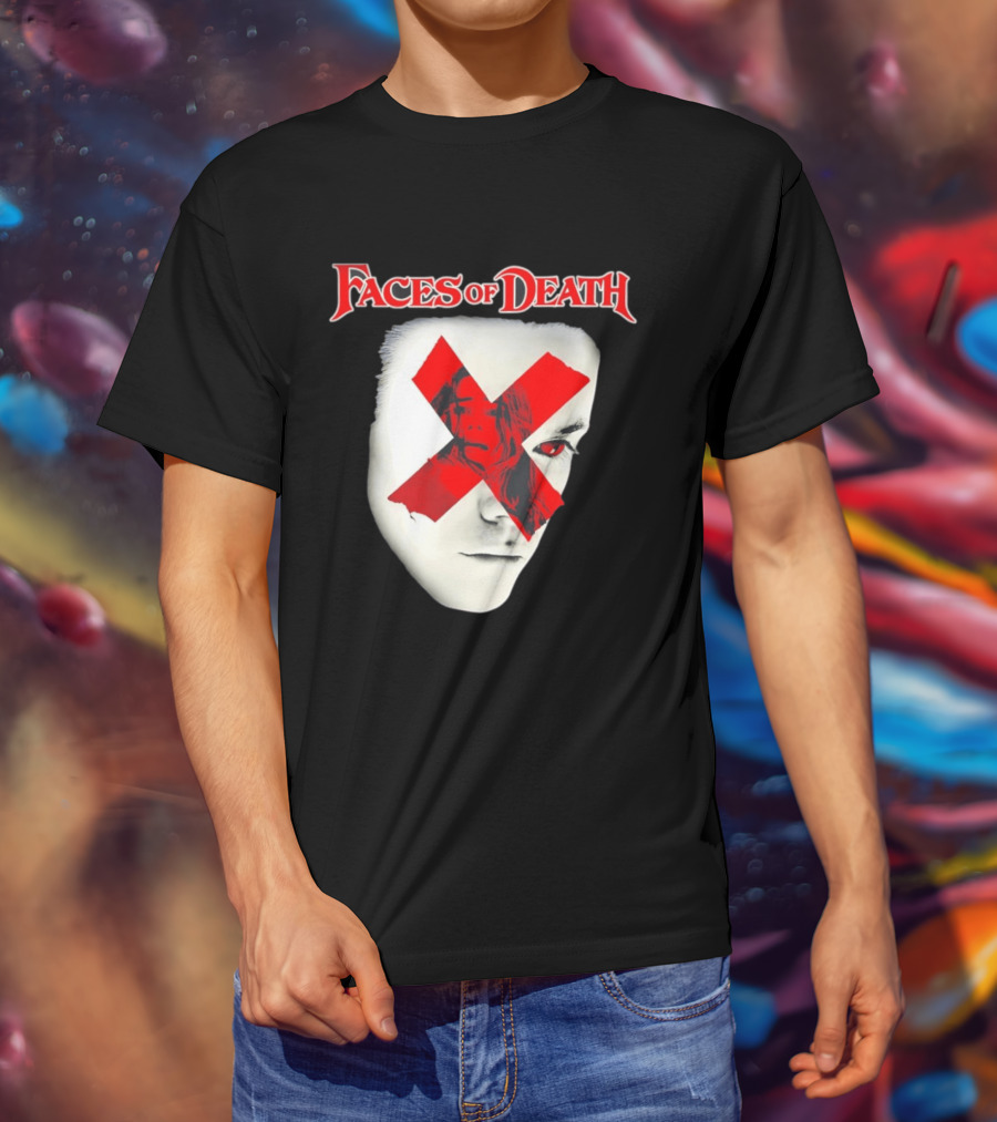Faces Of Death Horror Movie Red X Iconic Scream Mask T-Shirt