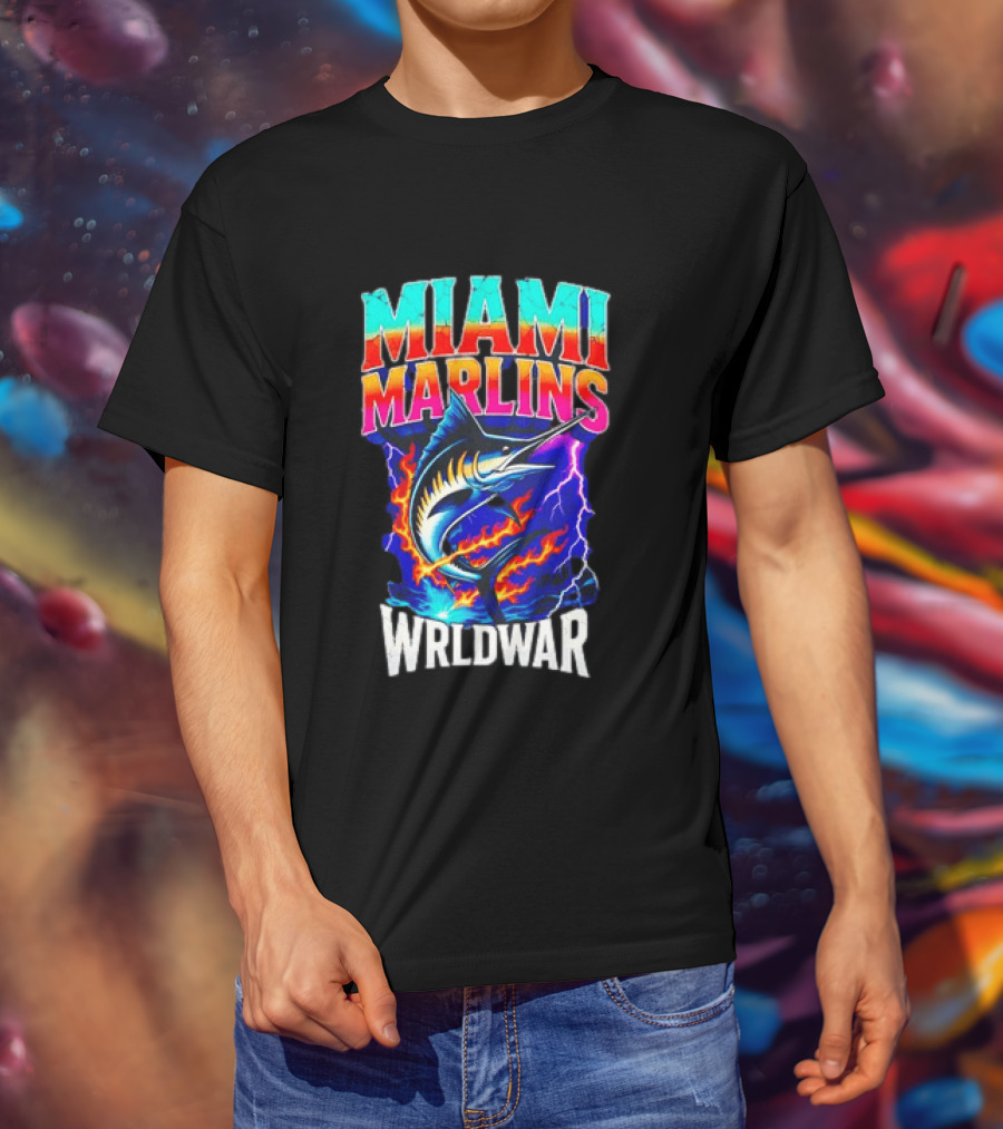 Miami Marlins Wrldwar Lightning Flame Marlin T-Shirt