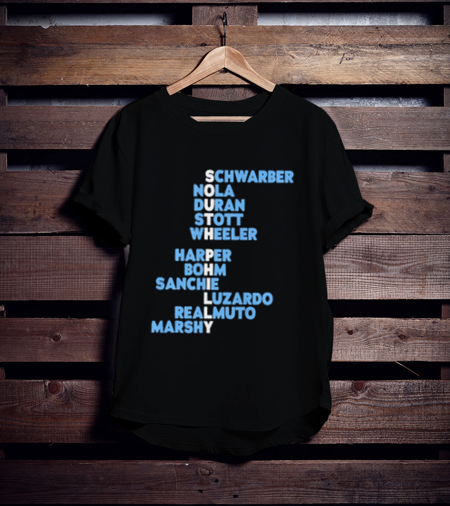 Philadelphia Phillies South Philly Baseball Player Names 2026 Schwaber Nola Duran Stott Wheeler Harper Bohm Sanchez Luzardo Realmuto Marsh T-Shirt