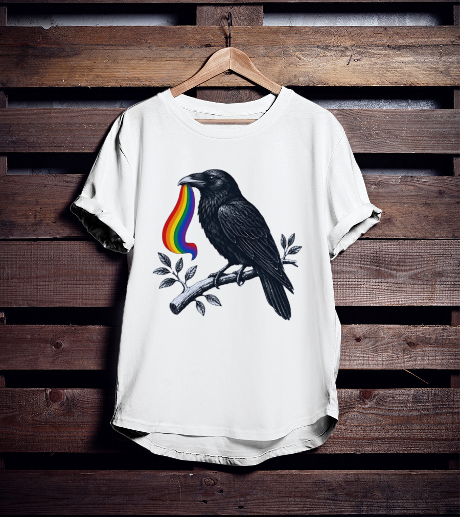 Rainbow Raven Pride Bird Holding Colorful Ribbon On Branch T-Shirt
