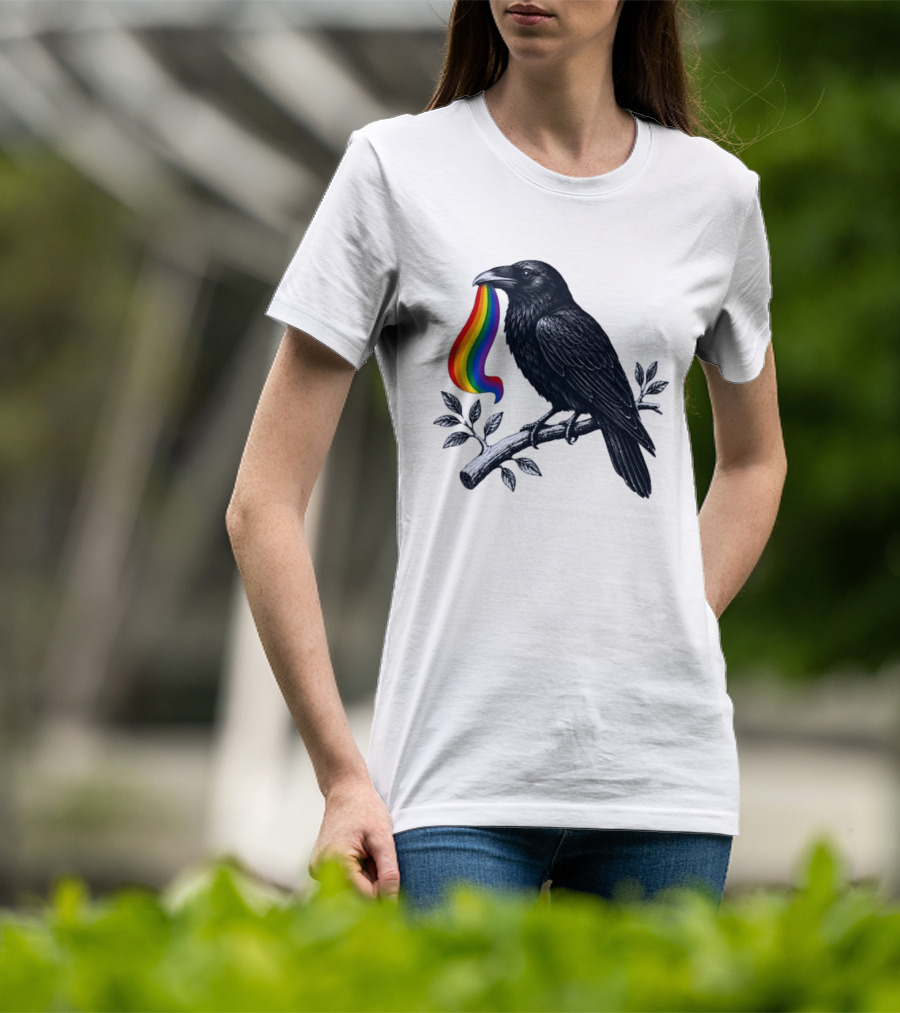 Rainbow Raven Pride Bird Holding Colorful Ribbon On Branch T-Shirt