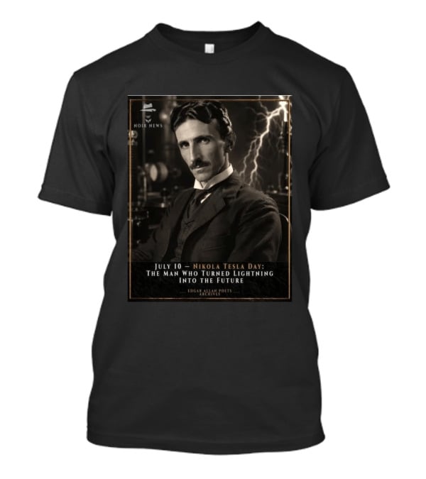 July 10 Nikola Tesla Day The Man Who Turned Lightning Into The Future Noir News Edgar Allan Poets Archives T-Shirt