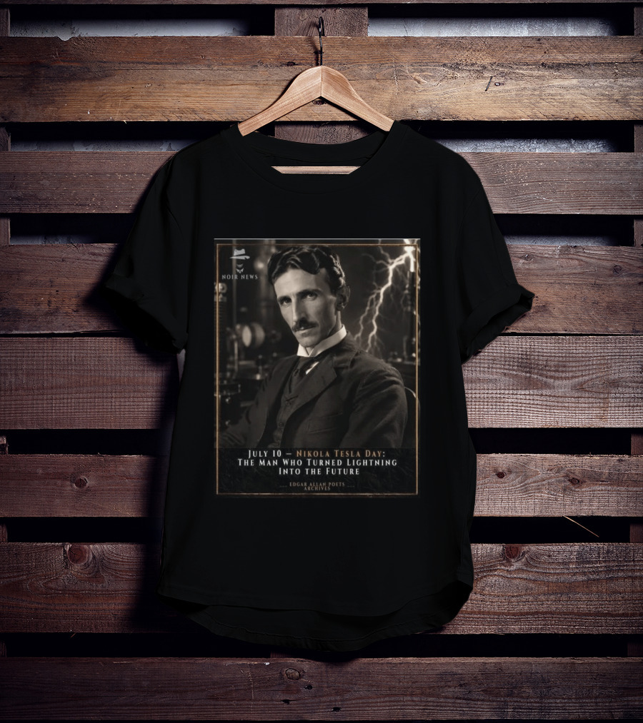 July 10 Nikola Tesla Day The Man Who Turned Lightning Into The Future Noir News Edgar Allan Poets Archives T-Shirt