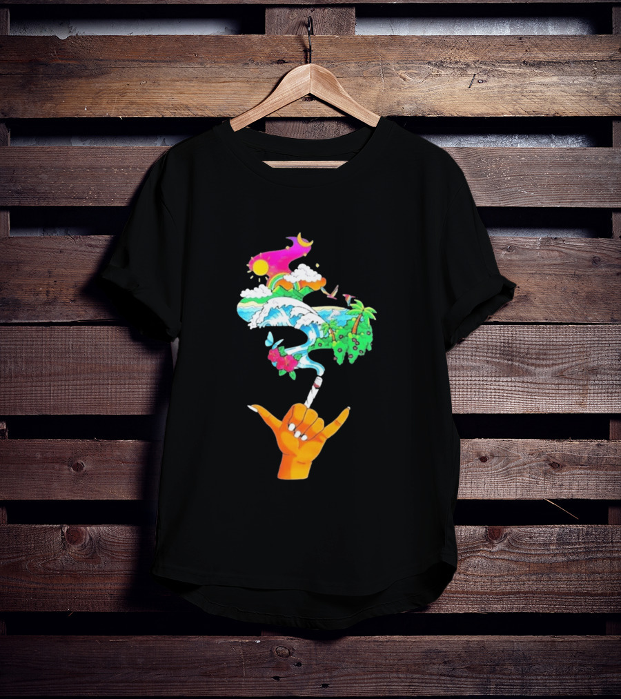 Shaka Hand Gesture With Tropical Island Wave And Colorful Clouds T-Shirt
