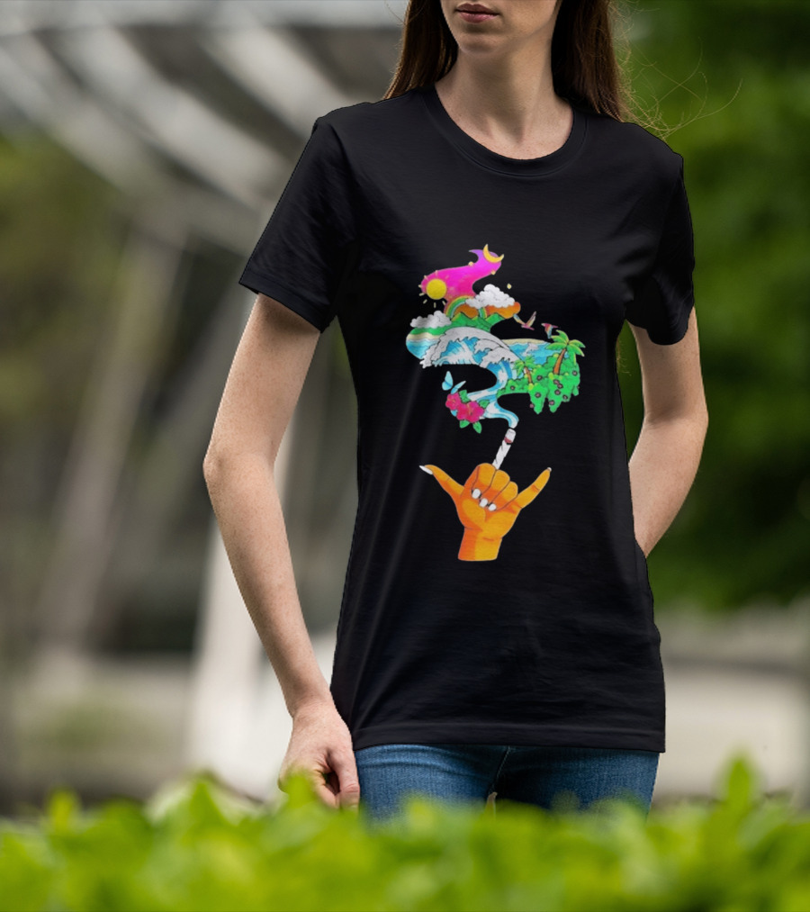 Shaka Hand Gesture With Tropical Island Wave And Colorful Clouds T-Shirt