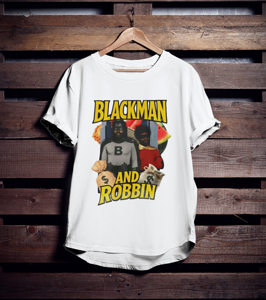 Blackman And Robbin Superhero Satire Comedy Money Bags Cityscape T-Shirt