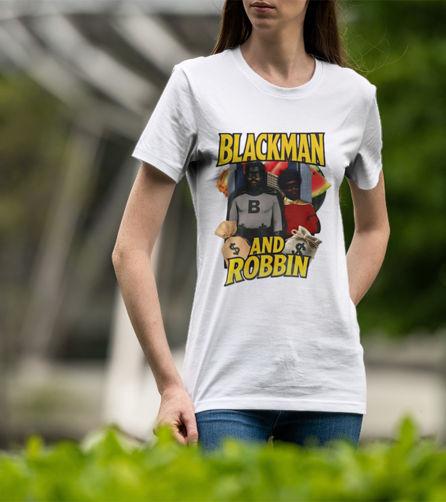 Blackman And Robbin Superhero Satire Comedy Money Bags Cityscape T-Shirt