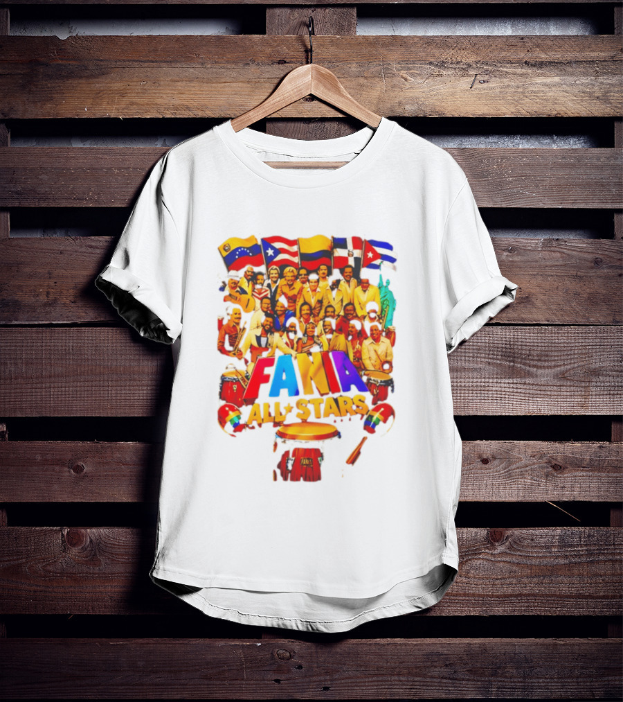 Fania All Stars Band With Colorful Flags And Musical Instruments T-Shirt