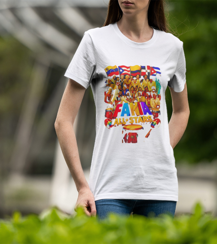 Fania All Stars Band With Colorful Flags And Musical Instruments T-Shirt