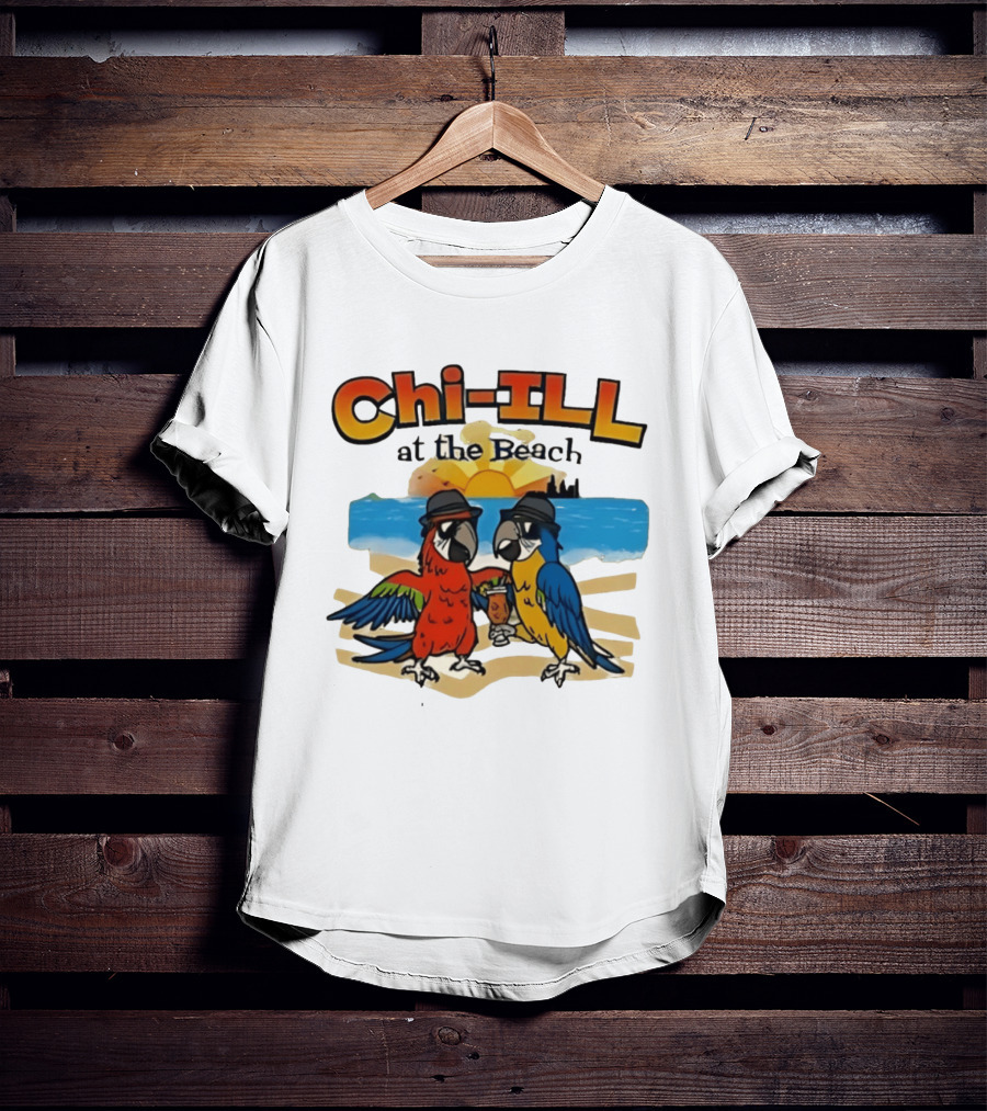 Chi ILL At The Beach Parrots With Hats And Sunset Scene T-Shirt