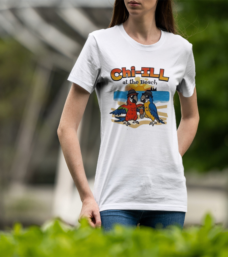 Chi ILL At The Beach Parrots With Hats And Sunset Scene T-Shirt