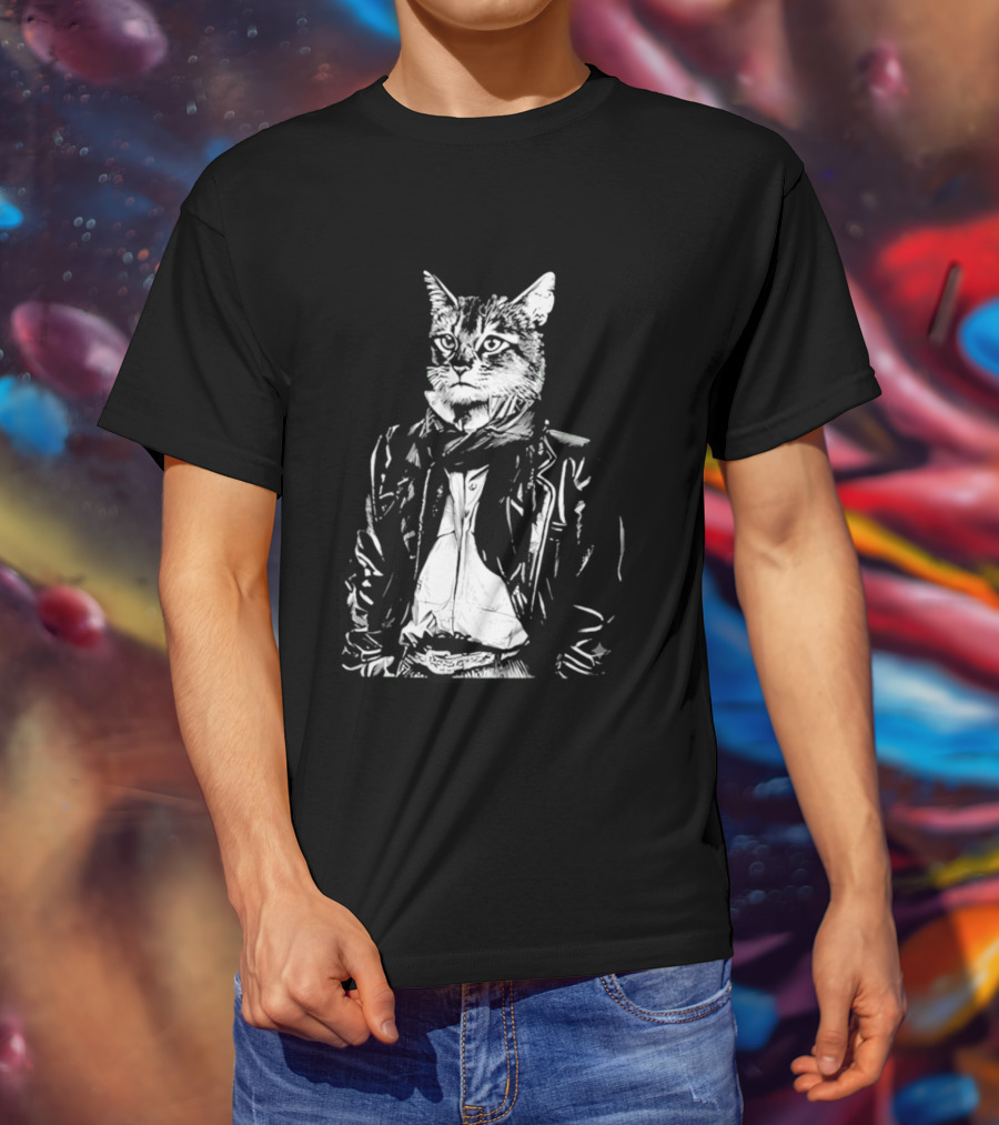 Cat They Only Come Out At Night Cool Cat In Leather Jacket T-Shirt