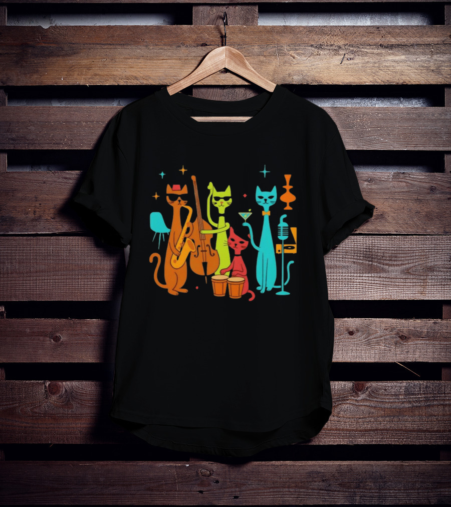 Jazz Cat Quartet Playing Instruments Bass Bongo Trumpet Martini T-Shirt