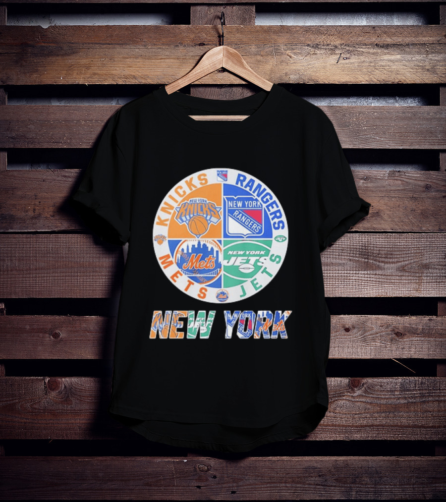 New York Knicks Rangers Mets Jets Fan Logos NY Sports Team Circle T-Shirt