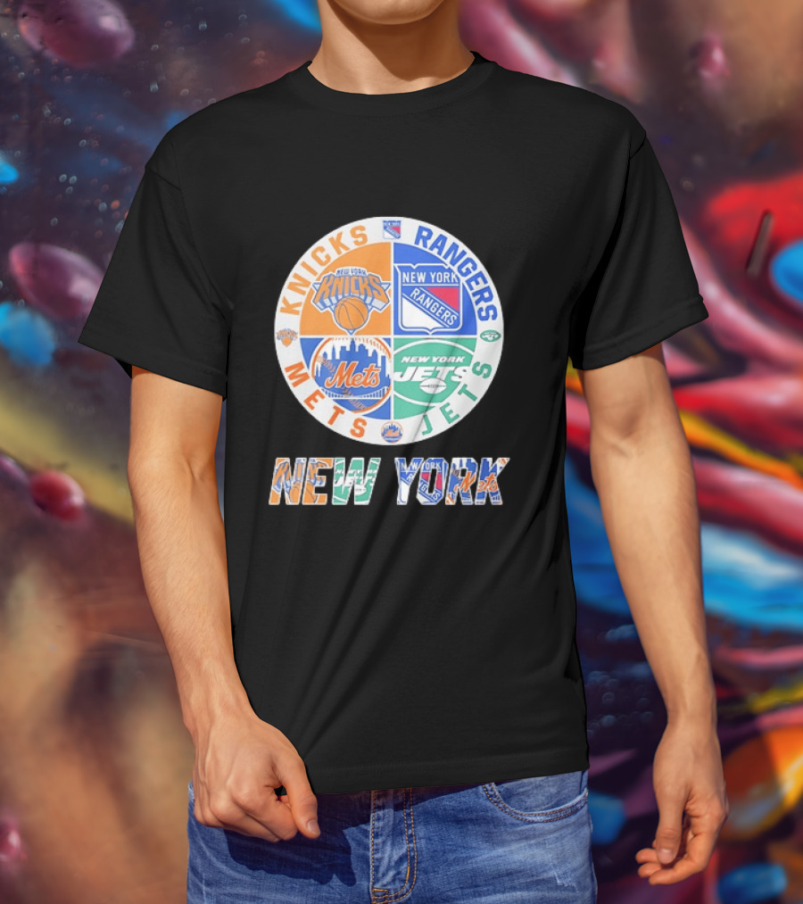 New York Knicks Rangers Mets Jets Fan Logos NY Sports Team Circle T-Shirt