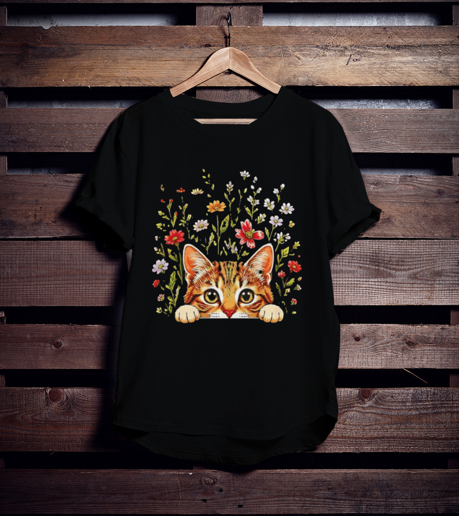 Tabby Kitten Head Through Wildflowers Florals T-Shirt