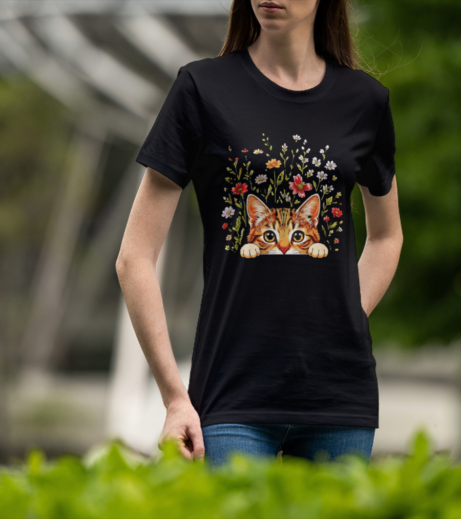 Tabby Kitten Head Through Wildflowers Florals T-Shirt