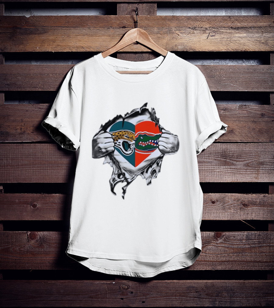 Heart Jacksonville Jaguars Florida Gators Ripped Chest T-Shirt