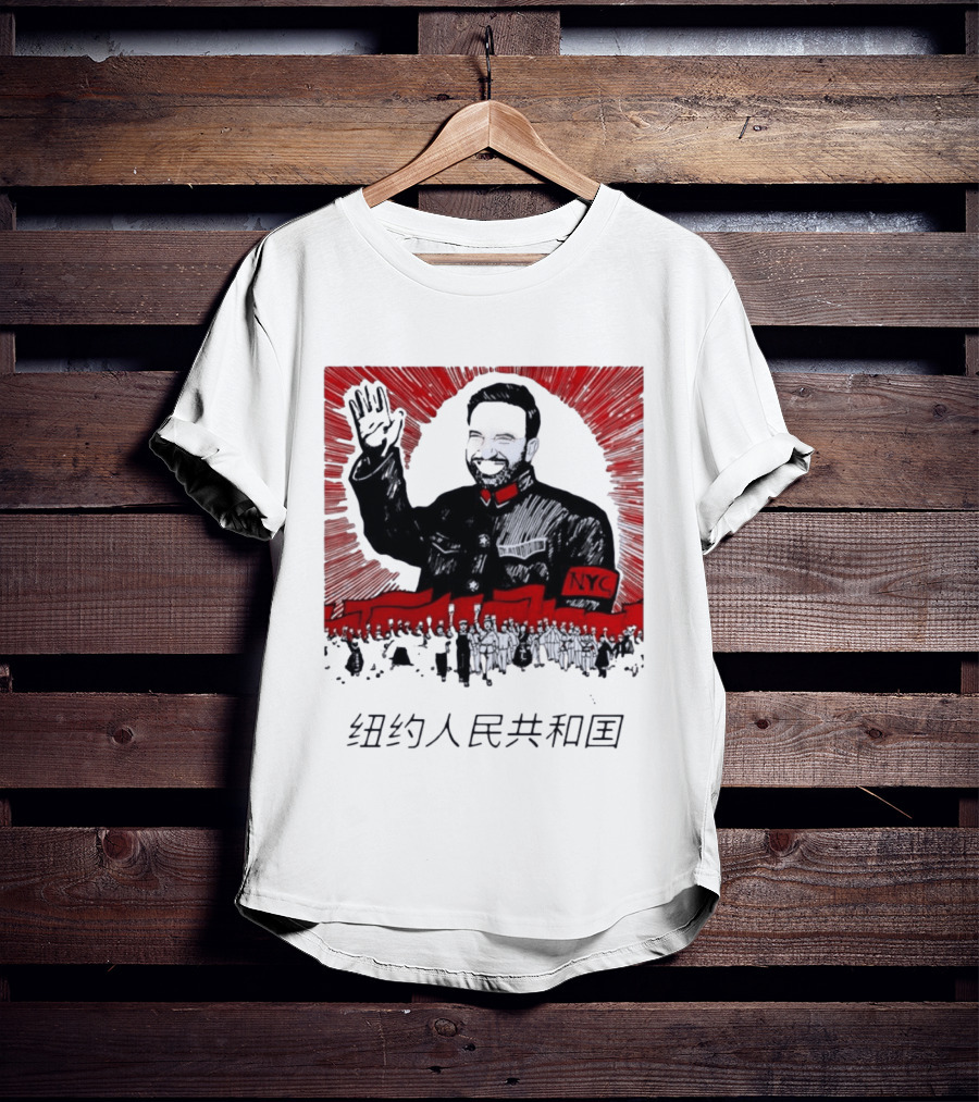 People's Republic Of NYC Bearded Man Waving With NYC Arm Patch And Red T-Shirt