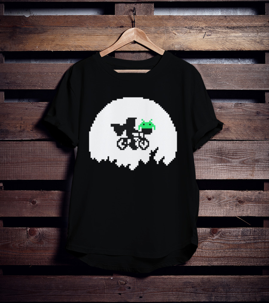 Elliott And Extra Terrestrial On Bicycle With Space Invader Pixel T-Shirt