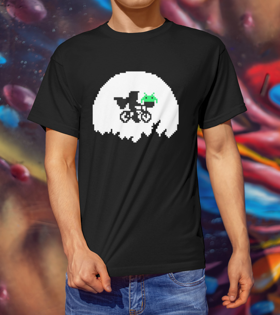 Elliott And Extra Terrestrial On Bicycle With Space Invader Pixel T-Shirt